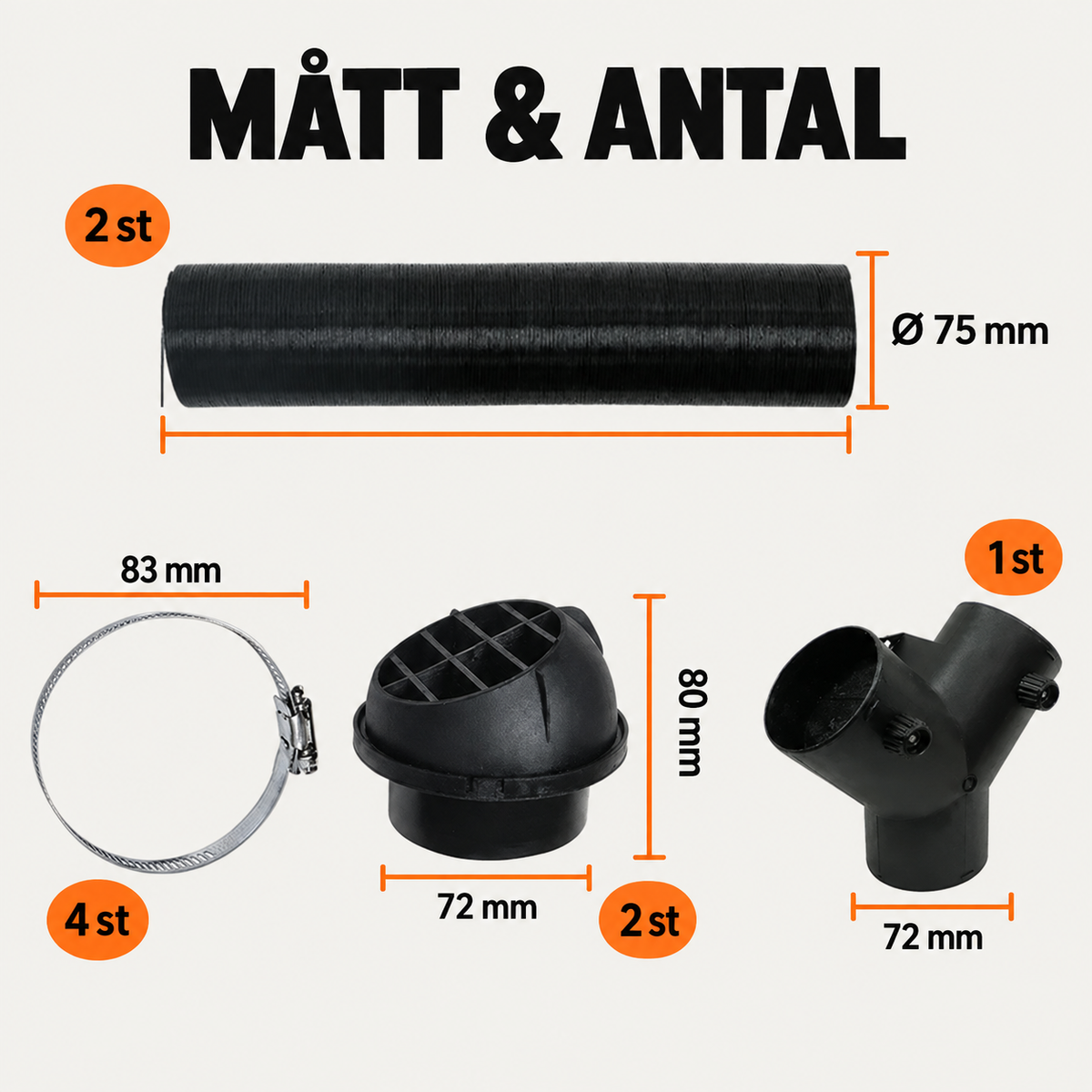 Mått och antal för 75 mm varmluftssats till dieselvärmare