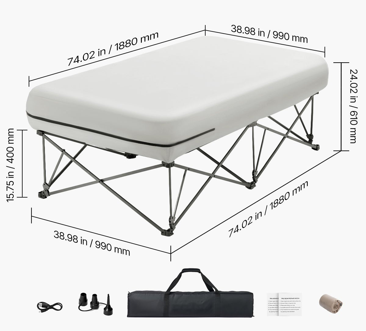 Uppblåsbar campingsäng för 1 person