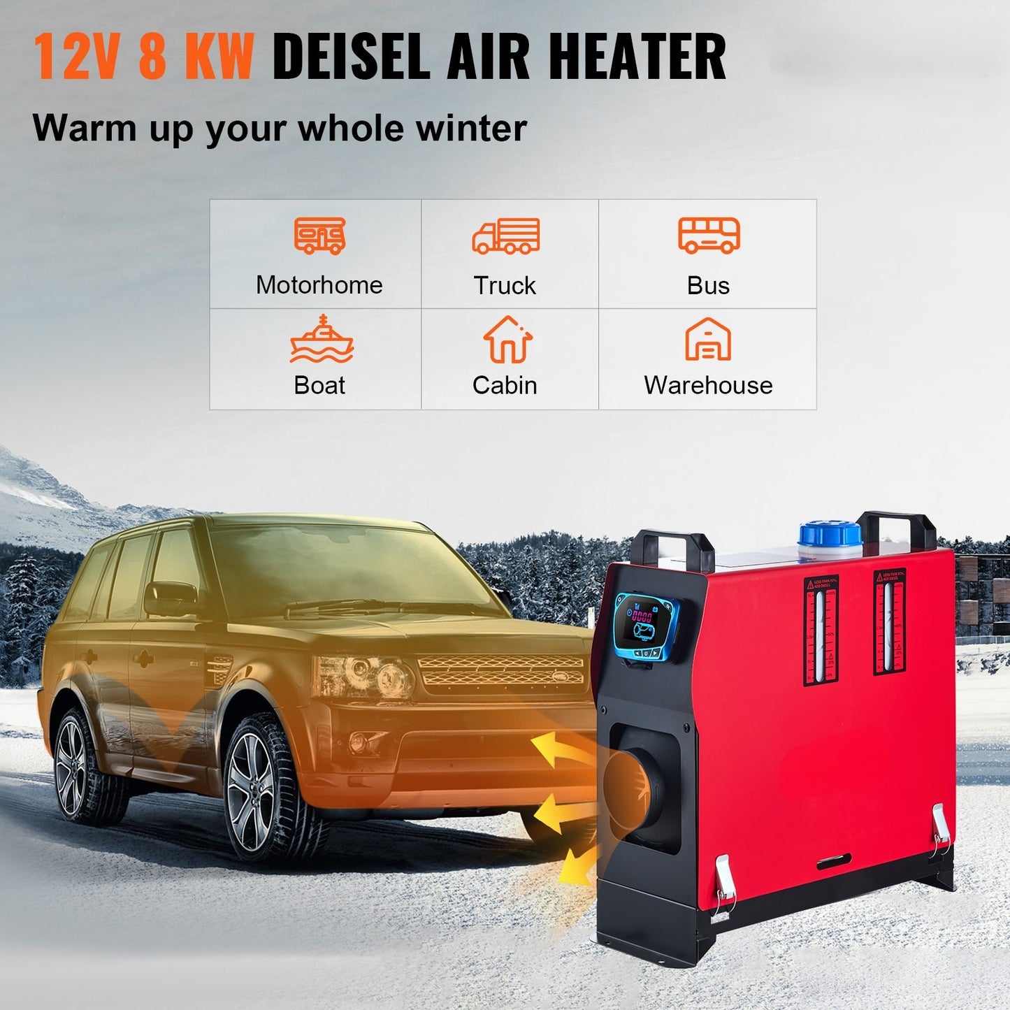 Dieselluftvärmare 8KW, 12V PAKET allt-i-ett LCD-skärm + Fjärrkontroll