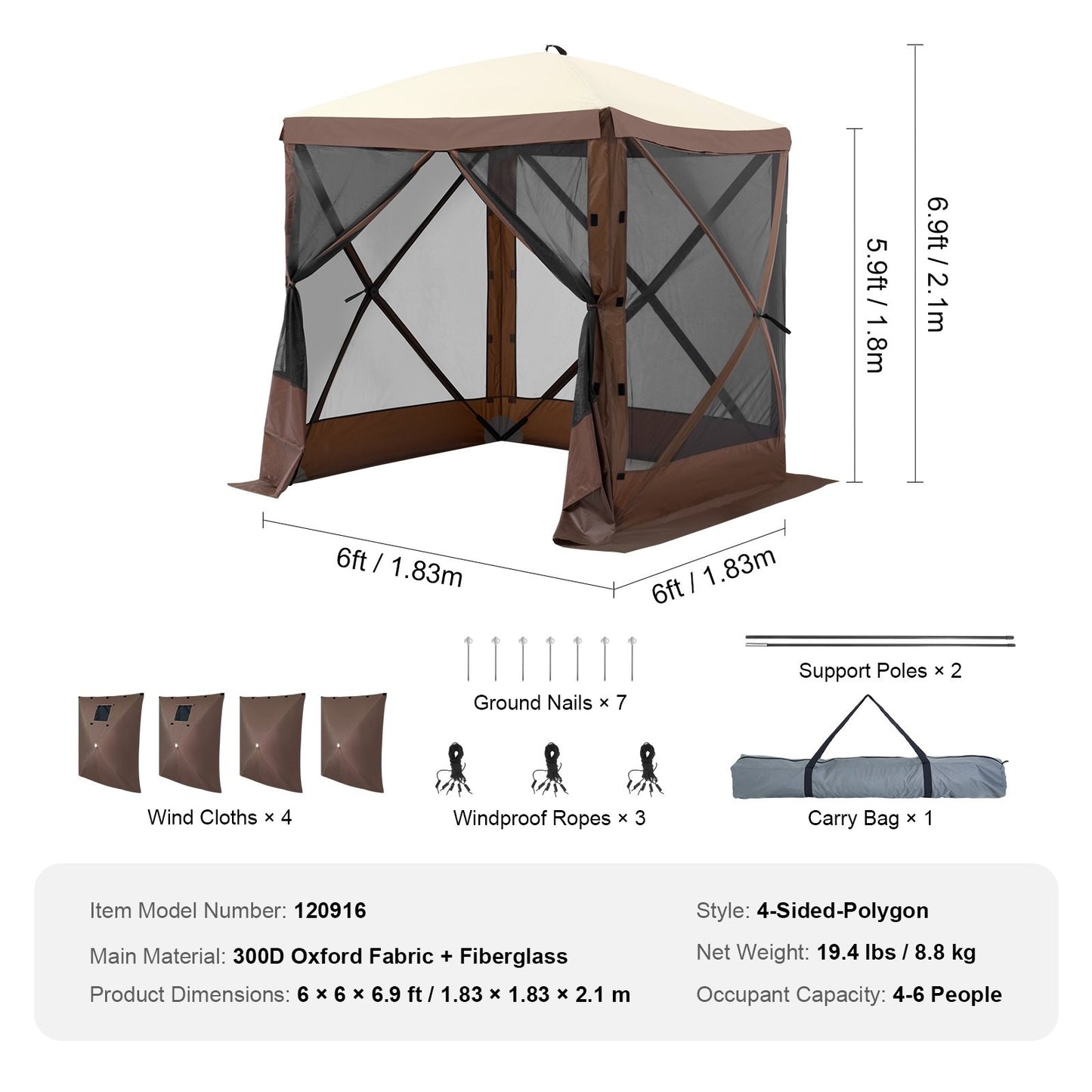 Pop-up-leirintäpaviljonki hyttysverkolla 2x2m