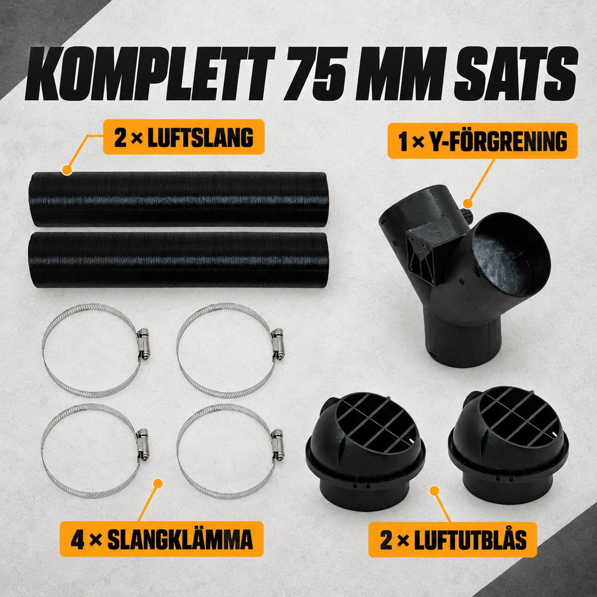 Komplett 75 mm varmluftssats med slangar Y-förgrening utblås och klämmor
