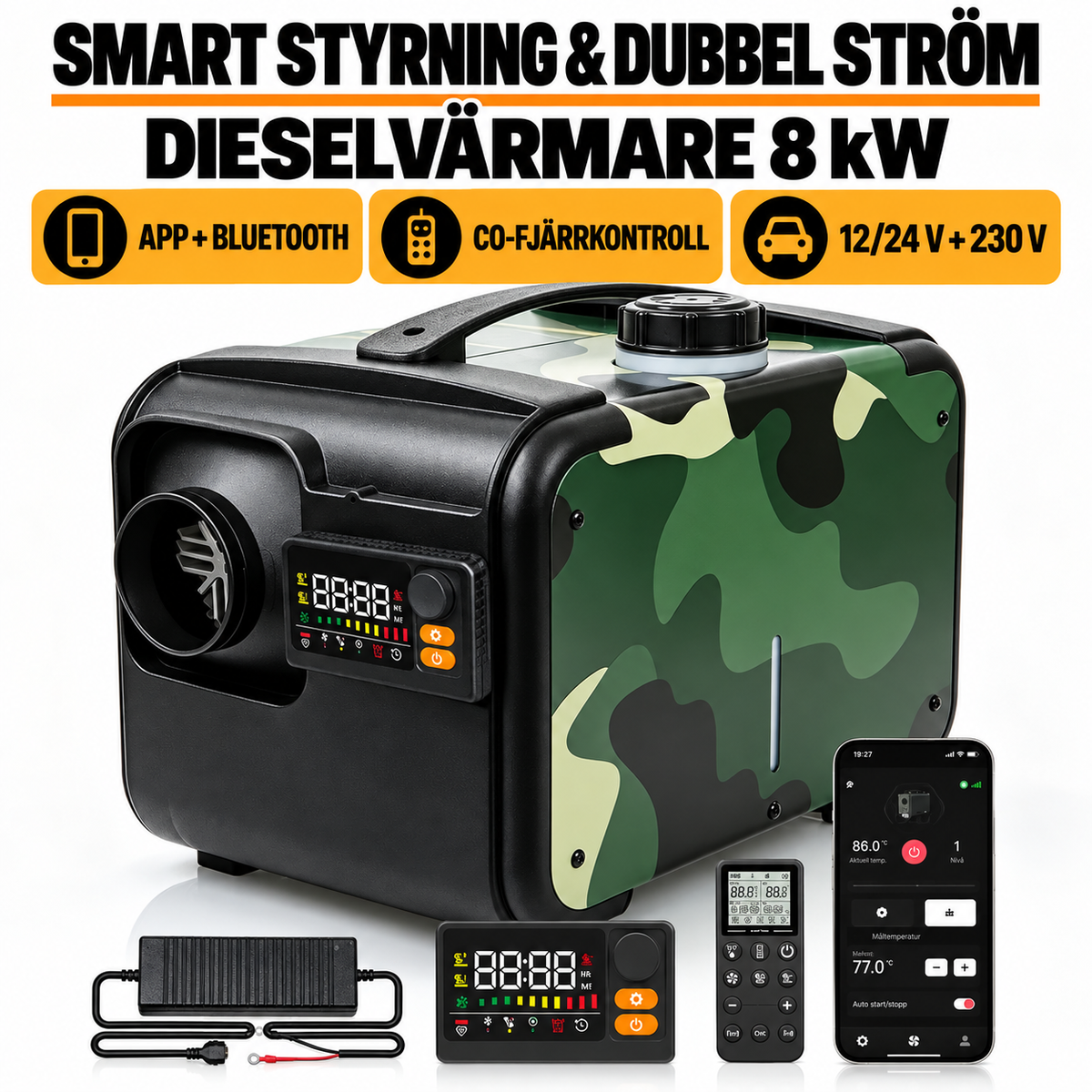 Dieselvärmare 8 kW, Bluetooth - CO-fjärrkontroll