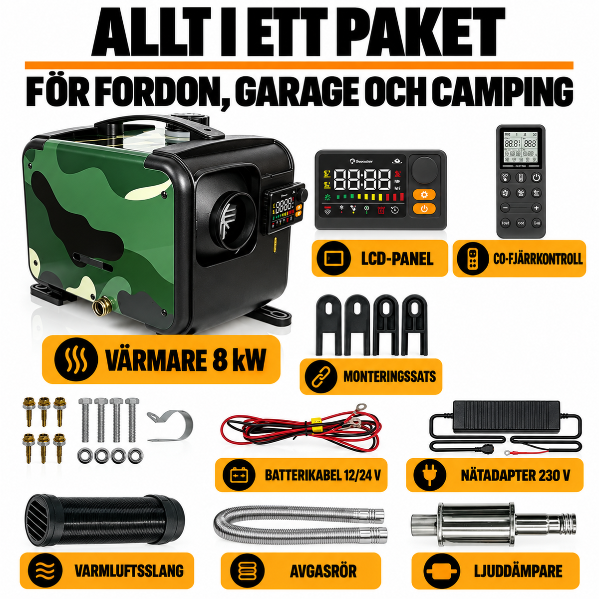 Dieselvärmare 8 kW, Bluetooth - CO-fjärrkontroll