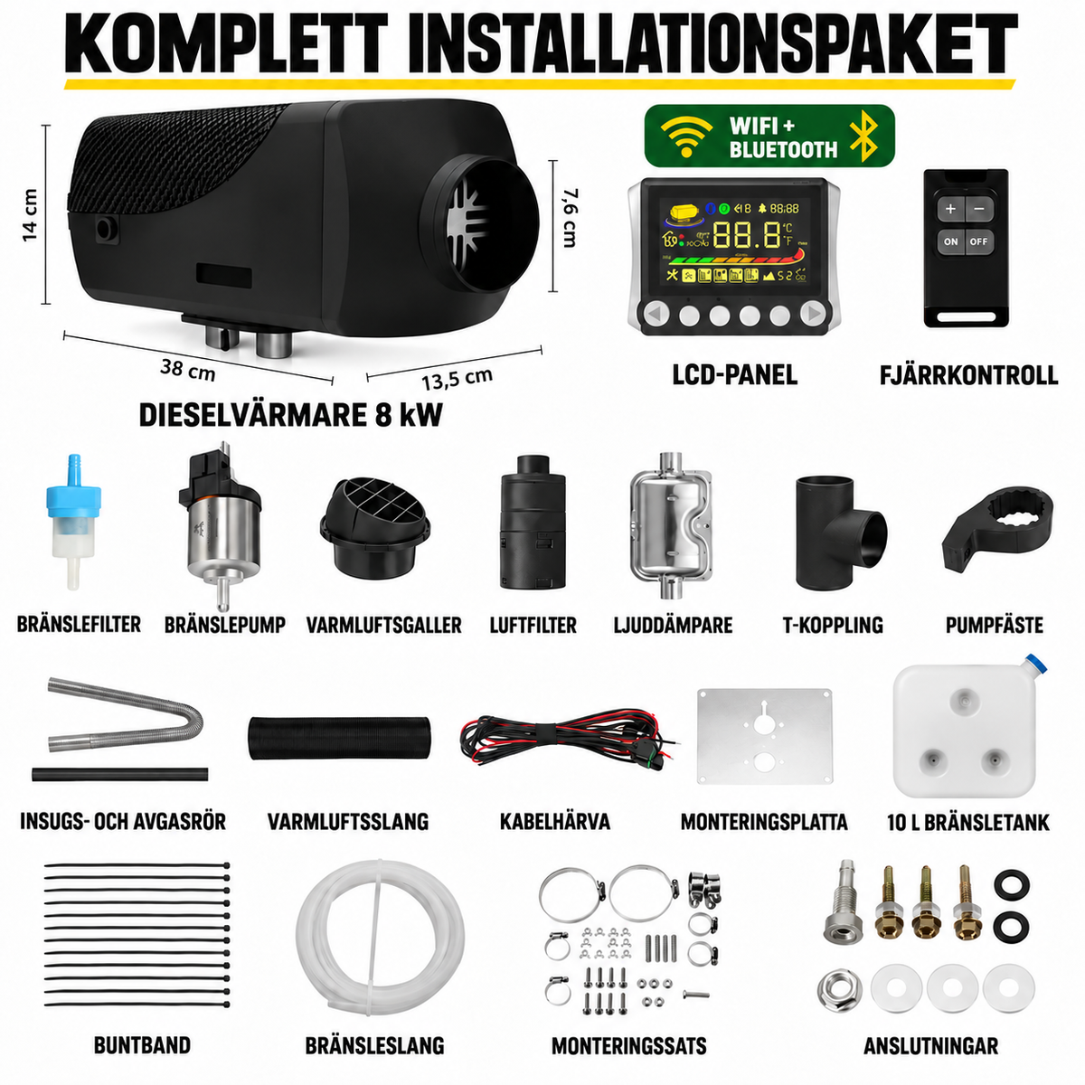 Dieselvärmare 8 kW, WiFi, Bluetooth – 12/24 V