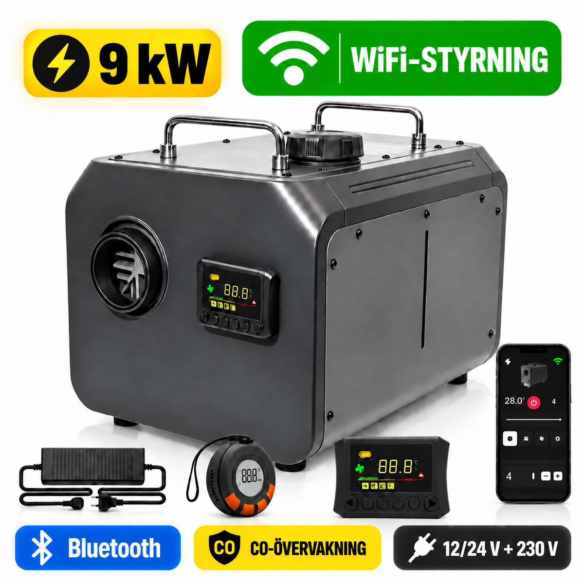 Dieselvärmare Kraftfull 9 kW WiFi, CO-larm