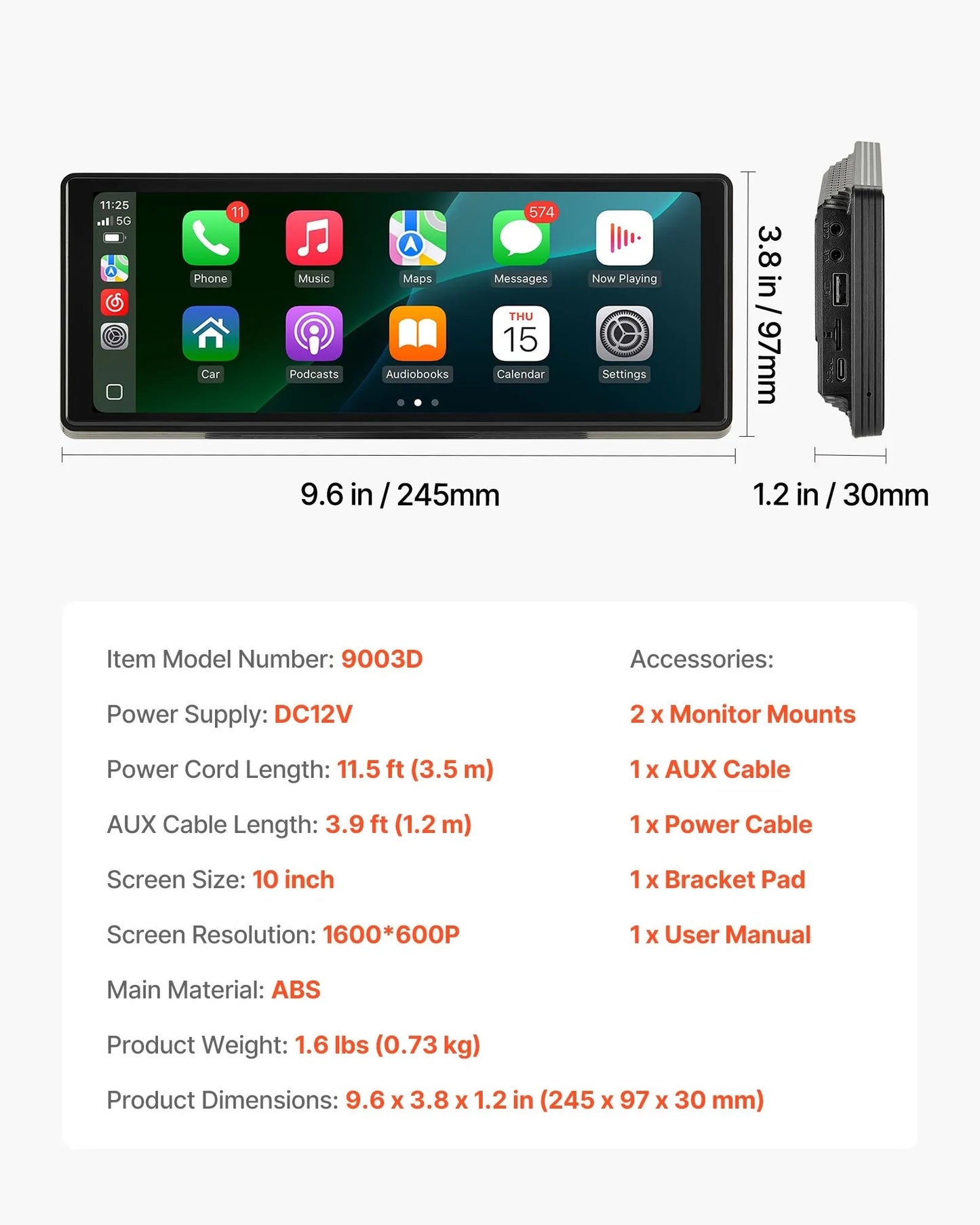 10" Trådlös CarPlay‑skärm