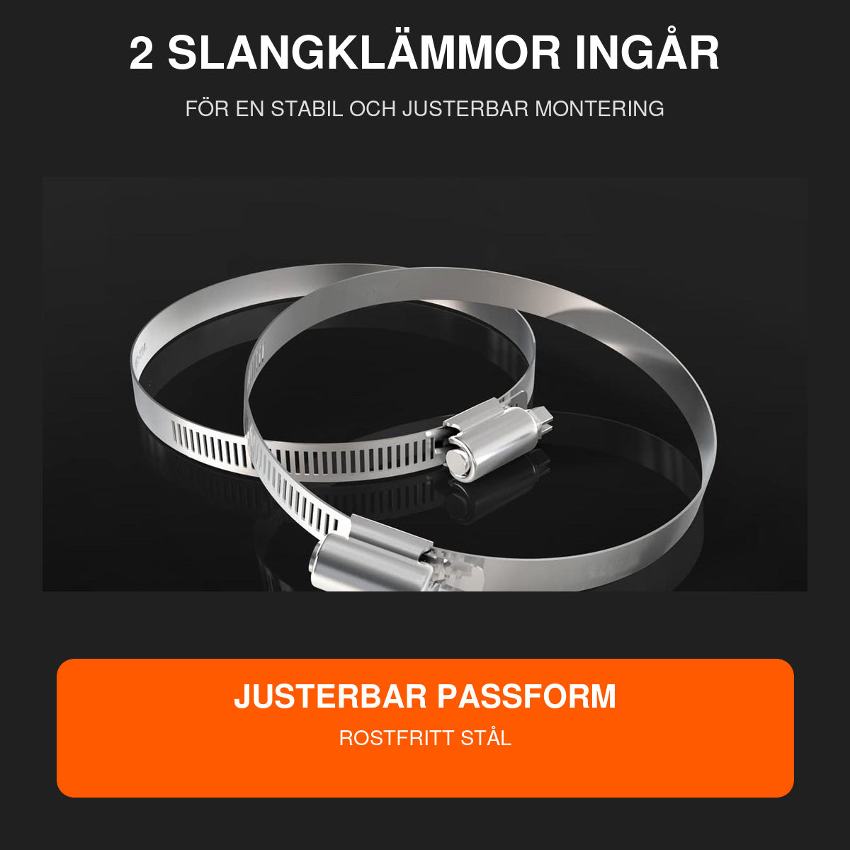 Två justerbara slangklämmor i rostfritt stål ingår