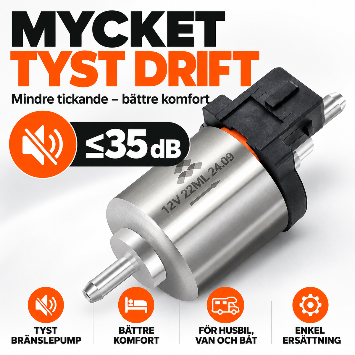 Tyst bränslepump för dieselvärmare med uppgiven ljudnivå upp till 35 dB