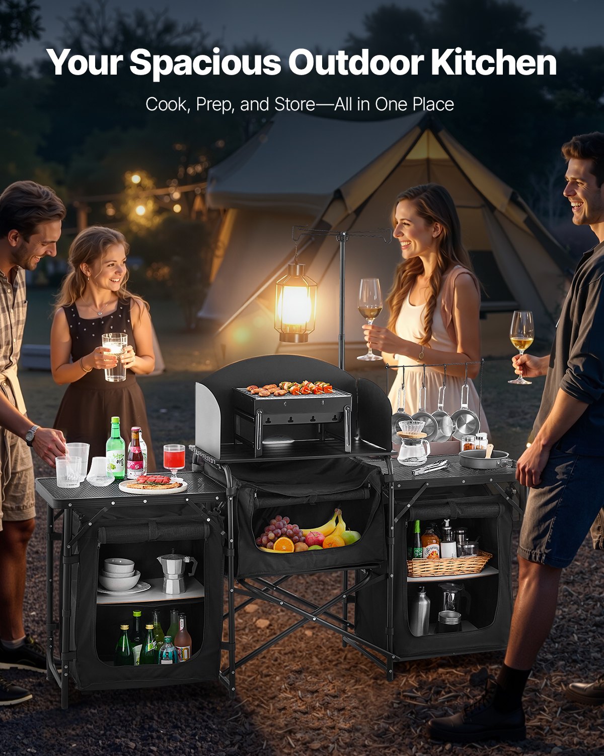 Hopfällbart campingköksbord - 3 ytor med vindskydd och skåp