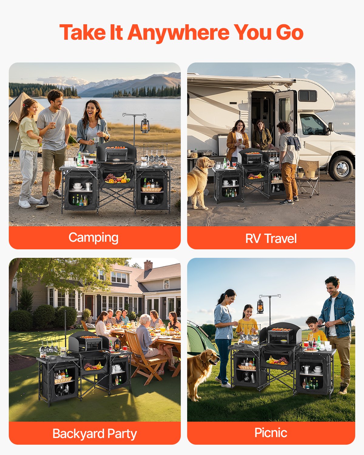 Hopfällbart campingköksbord - 3 ytor med vindskydd och skåp