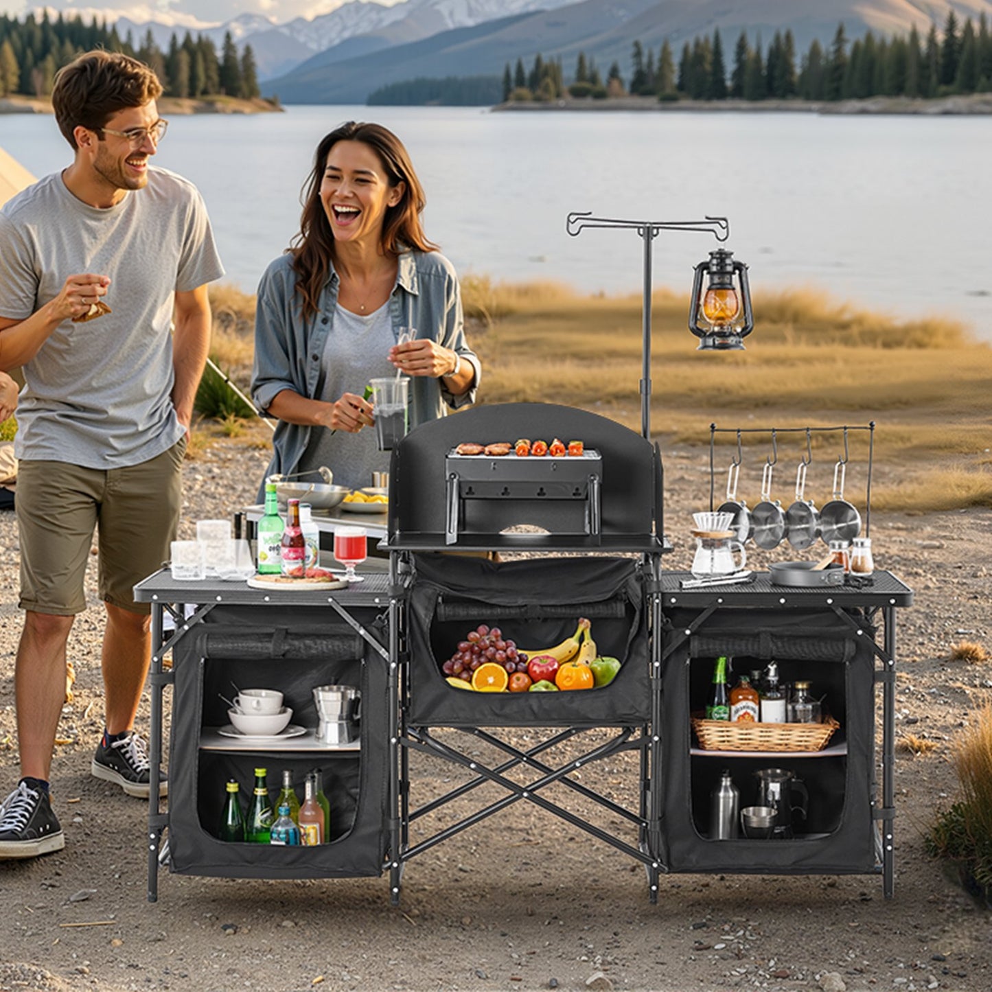 Hopfällbart campingköksbord - 3 ytor med vindskydd och skåp