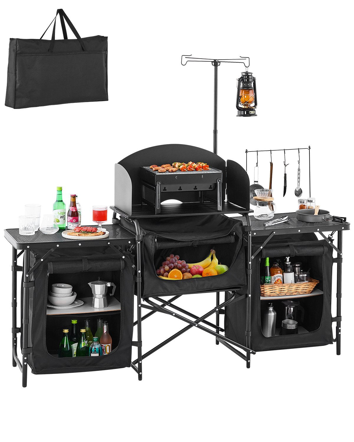 Hopfällbart campingköksbord - 3 ytor med vindskydd och skåp