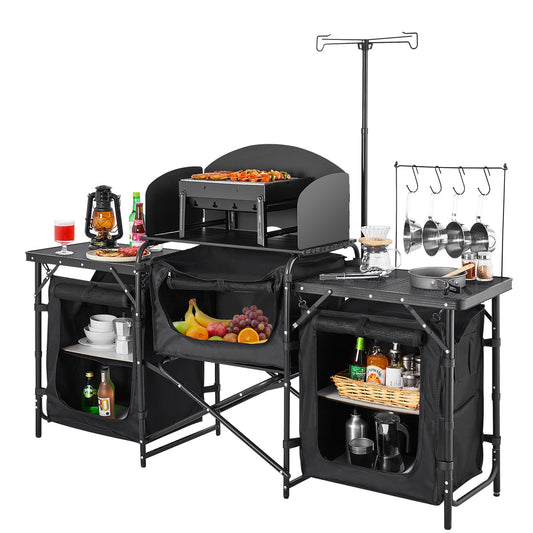Hopfällbart campingköksbord - 3 ytor med vindskydd och skåp