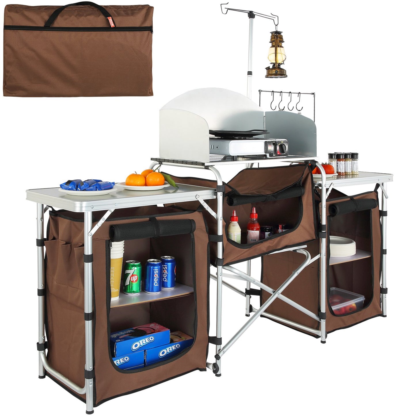 Hopfällbart campingbord 3 Stationer 3 Skåp