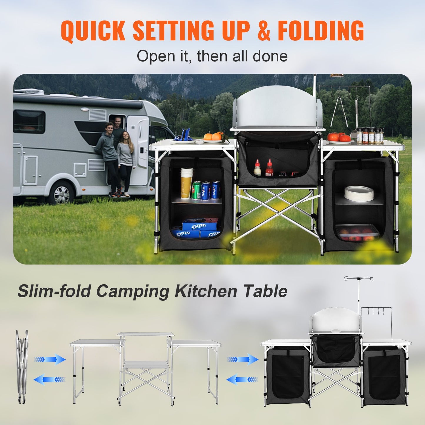 Hopfällbart campingbord 3 Stationer 3 Skåp