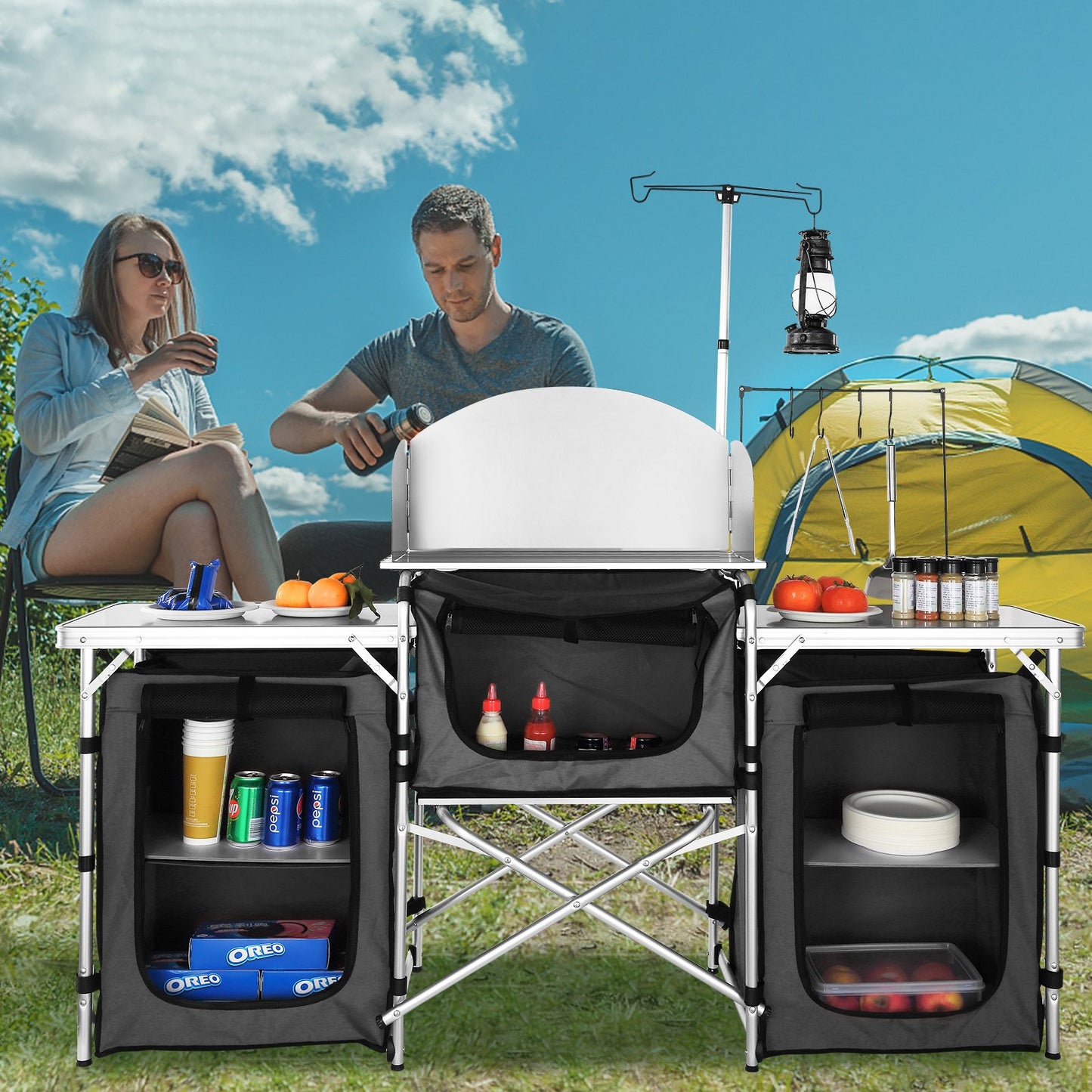 Hopfällbart campingbord 3 Stationer 3 Skåp
