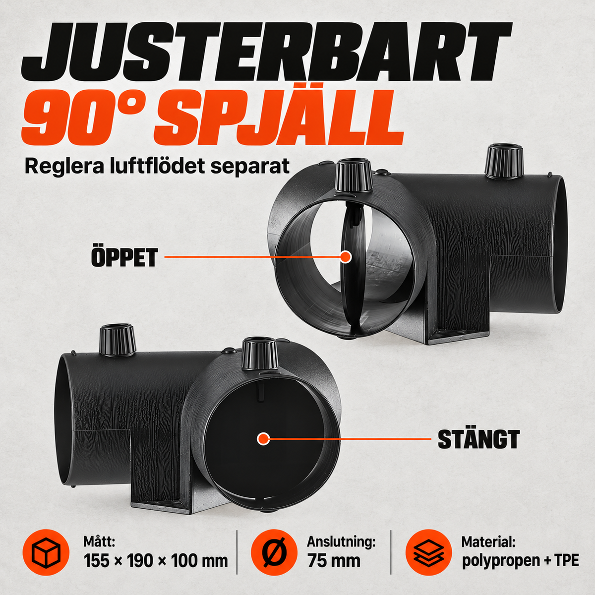 Y-förgrening 75 mm med två justerbara spjäll för dieselvärmare